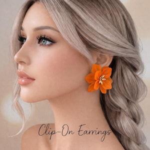 Große orange Acryl Blumen Ohrclips - 5,5 cm Statement Ohrstecker