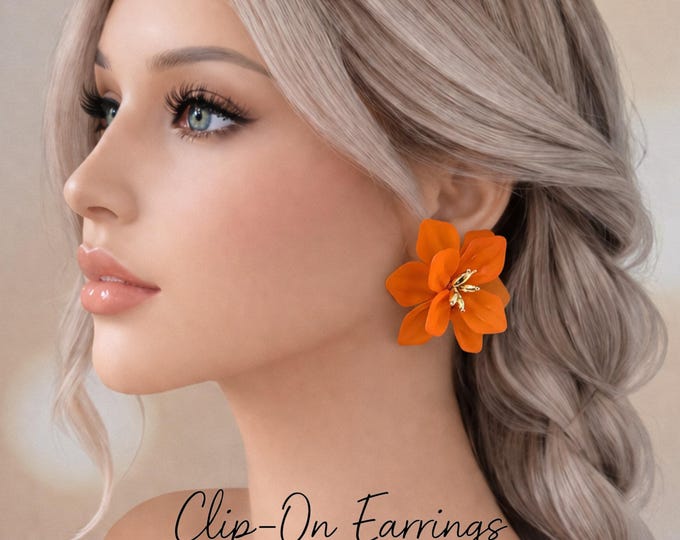 Large Orange Acrylic Flower Clip On Earrings – 2.2" Statement Studs