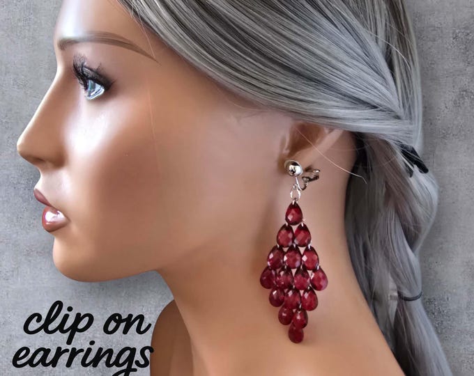 Red Crystal Teardrop CLIP-ON Chandelier Earrings – Statement Dangle Clip Ons for Non Pierced Ears – Glamorous Sparkling Party Earrings