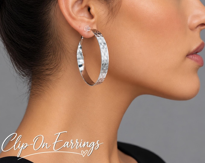 Clip On Hoop Earrings - Textured Wide Hoops - Gold, Silver or Rose Gold - Non Pierced - 2" - 5cm