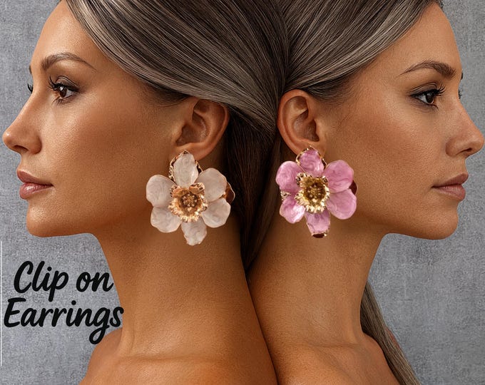 Large Flower Clip-On Earrings – Gold Tone & Enamel Floral Vintage Style Statement Studs  – Hot Pink, Pink or White Options