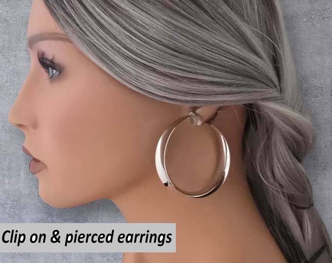 CLIP ON hoop earrings, Extra wide silver metal earrings for non pierced ears, big wide curved hoops, 2.25" / 5.5cm non pierced earrings,