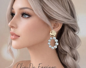 Clip-On Pearl Hoop Earrings – 18K Gold Plated Stud Top with Faux Pearl Drop – Non Pierced  2.25" - 6cm