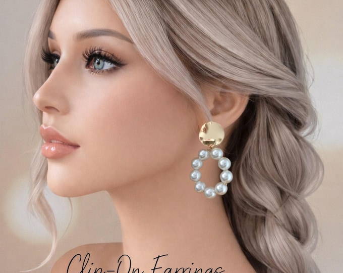 Clip-On Pearl Hoop Earrings – 18K Gold Plated Stud Top with Faux Pearl Drop – Non Pierced  2.25" - 6cm