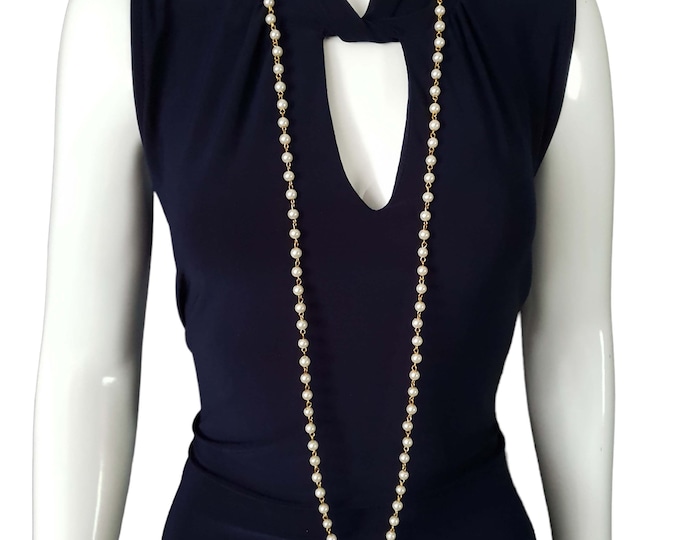 58" long Ivory Glass faux pearl bead & gold long rope chain necklace - Versatile style - several ways to wear - retro - Vintage - flapper