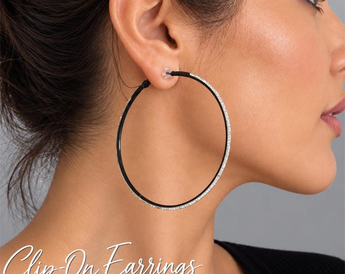 Black Rhinestone Clip On Hoop Earrings, Oversized Sparkly Diamante Crystal Hoops, 3" - 7.5cm