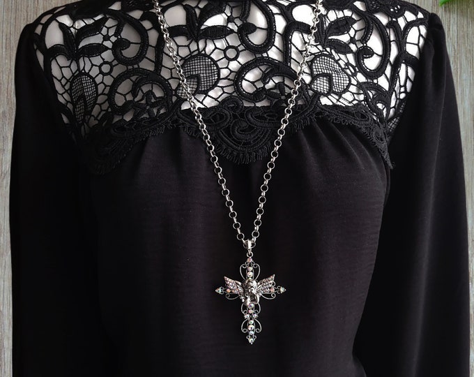 30" long vintage / tibetan silver tone chunky chain & AB diamante angel cross pendent necklace - Gothic necklace
