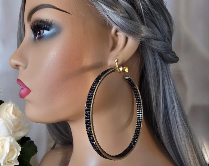 1 pair gold tone & black diamante CLIP ON hoop earrings - 4" gold tone C design hoop earring with black rhinestone detail - non pierced ears