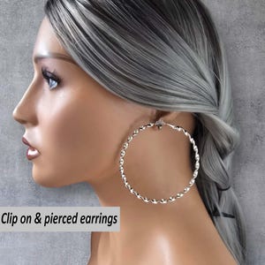 CLIP ON hoop earrings - 3&quot; silver tone twisted design big hoop earrings for non pierced ears, ear clips, large silver clip on hoop earrings