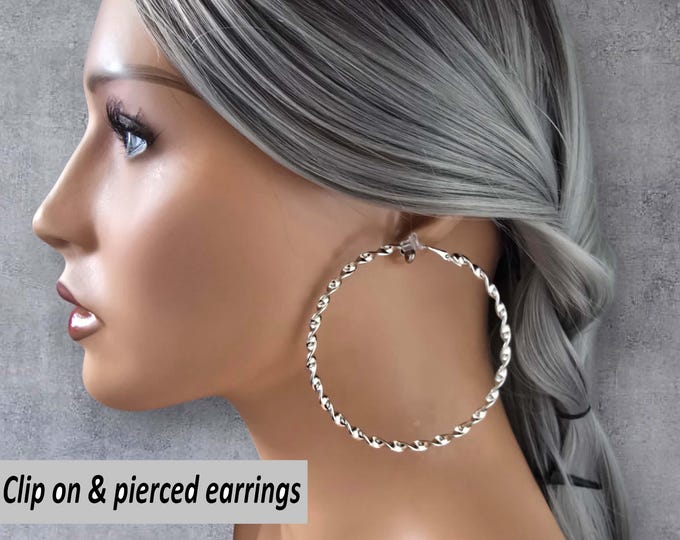CLIP ON hoop earrings - 3" silver tone twisted design big hoop earrings for non pierced ears, ear clips, large silver clip on hoop earrings