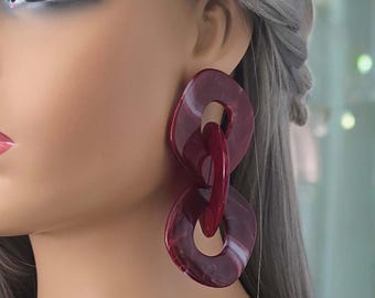 Big chunky CLIP ON drop earrings, 1 pair burgundy acrylic chain link drop earrings, Clip on or pierced - 3 lengths, matching NECKLACE
