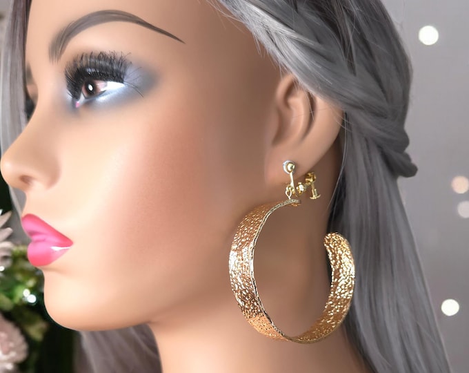 Big gold tone CLIP ON C shape hoop earrings - 3" long extra wide hammered flat tube hoop earrings, Big statement hoops - non pierced ears