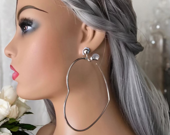 1 pair silver CLIP ON C shape hoop earrings - 3.75" long stainless steel heart shape hoop earrings for non pierced ears - non tarnish