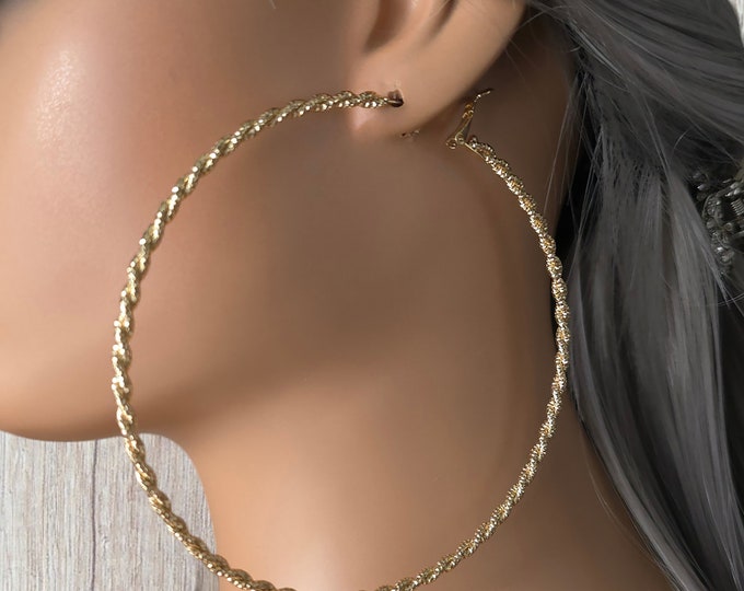 1 pair gold tone CLIP ON hoop earrings - HUGE 4" diameter double twisted patterned wire hoop earrings Big Huge hoops! - clip on or pierced