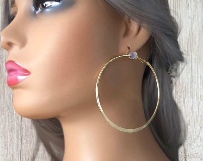 1 pair gold tone CLIP ON hoop earrings - 3" big plain gold tone metal hoop earrings with flat edge bottom detail - Clip on or pierced