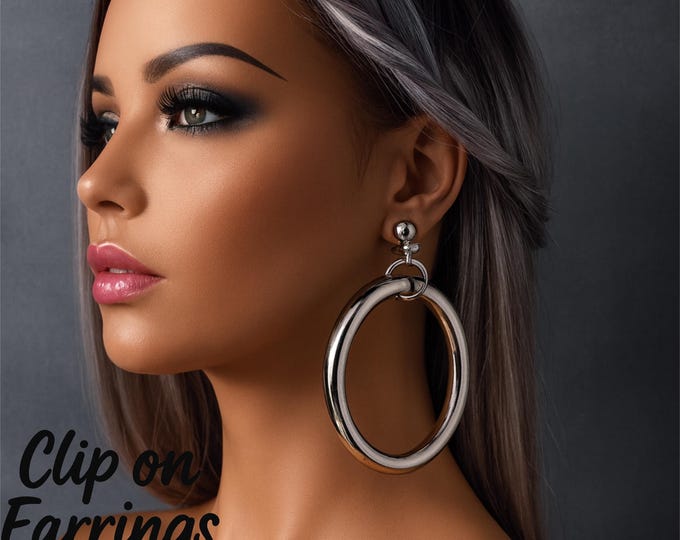 Bold Silver Stainless Steel Clip-On Hoops – Long 3.5" Chunky Tube Earrings, Non-Pierced Ears
