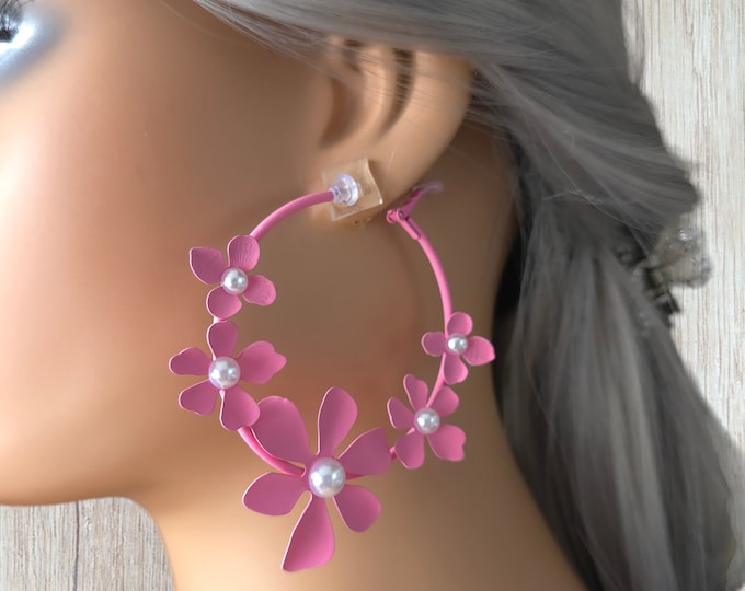 1 pair if pink CLIP ON hoop earrings - 3" long hoop earrings with flower & pearl detail - clip on or pierced option - Beautiful summer hoops