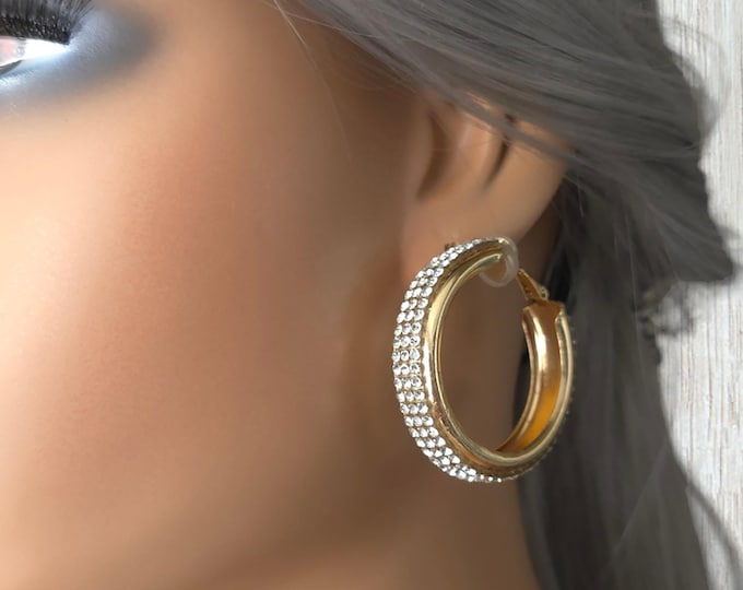 1 pair gold tone & diamante CLIP ON hoop earrings - 1.6"  chunky wide square shape tube hoop earrings  - Clear sparkly diamante rhinestone