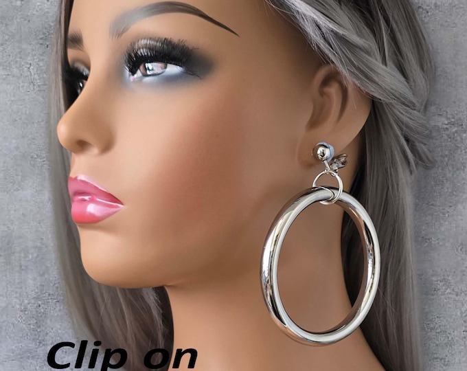 Bold Silver Stainless Steel Clip-On Hoops – Long 3.5" Chunky Tube Earrings, Non-Pierced Ears