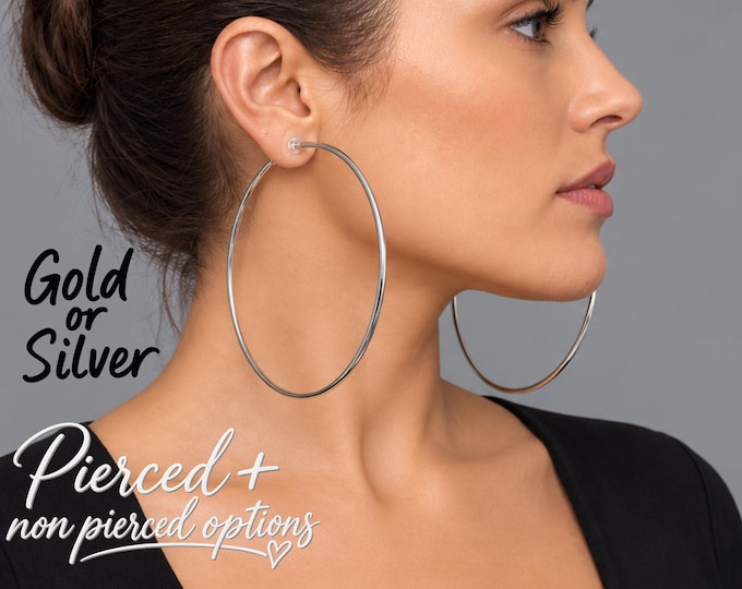 Oversized Clip On Hoop Earrings – Gold  Silver Tone Minimalist Hoops - Non Pierced Ears, 4" - 10cm