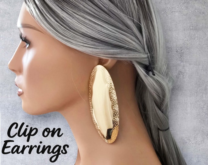 Big Gold Tone Oval Clip-On Earrings|  Statement Earrings | Shiny Mirror Finish Non-Pierced Earrings | Vintage Style Fashion Jewelry