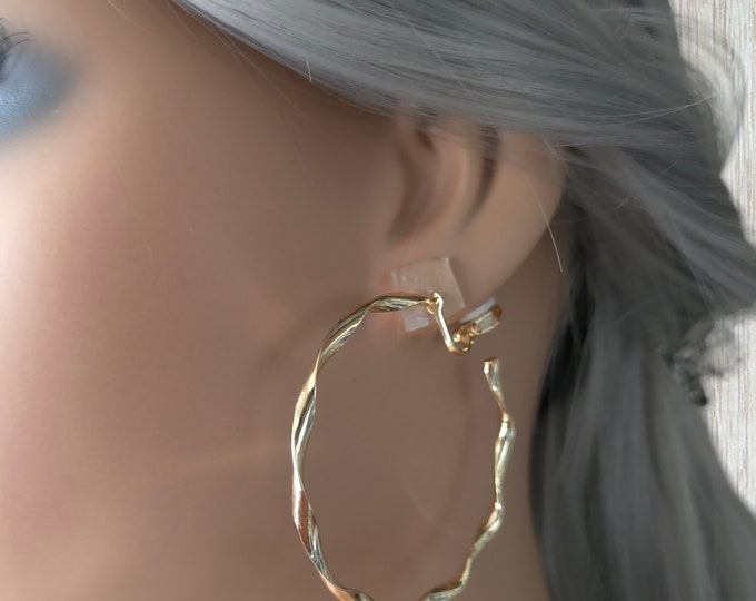 1 pair of 2" gold tone CLIP-ON C shape hoop earrings - thin twisted design  - Clip on for non pierced ears - Big fab hoops
