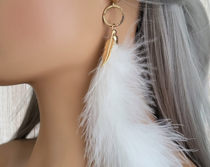 1 pair of 7" long white feather drop earrings - CLIP ON or pierced earrings - white marabou feathers with gold tone charm & findings
