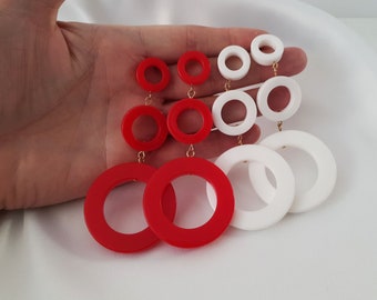 4" long CLIP ON chunky layered resin hoop drop earrings - Red or white options,  Pierced option - Extra long retro funky earrings