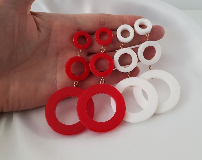 4" long CLIP ON chunky layered resin hoop drop earrings - Red or white options,  Pierced option - Extra long retro funky earrings