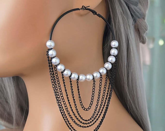 CLIP ON hoop earrings, 5" long Black & white faux pearl bead draping waterfall chain hoops, clip on or pierced hoops - IG statement earrings