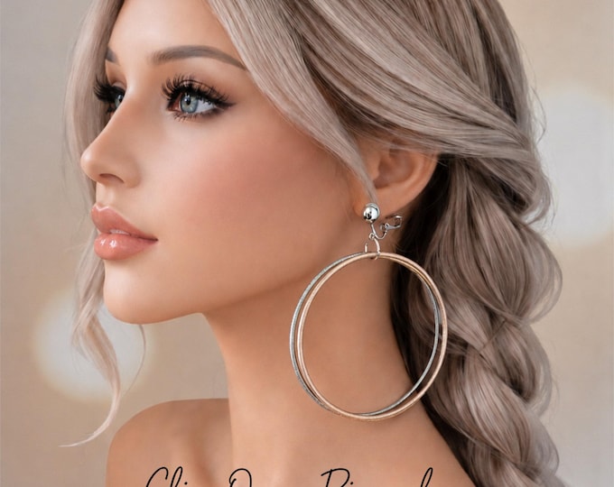Tri Tone Hoop Clip On Earrings - Gold Silver Rose Gold Matte Stainless Steel Hoops - 3.5" - 9cm