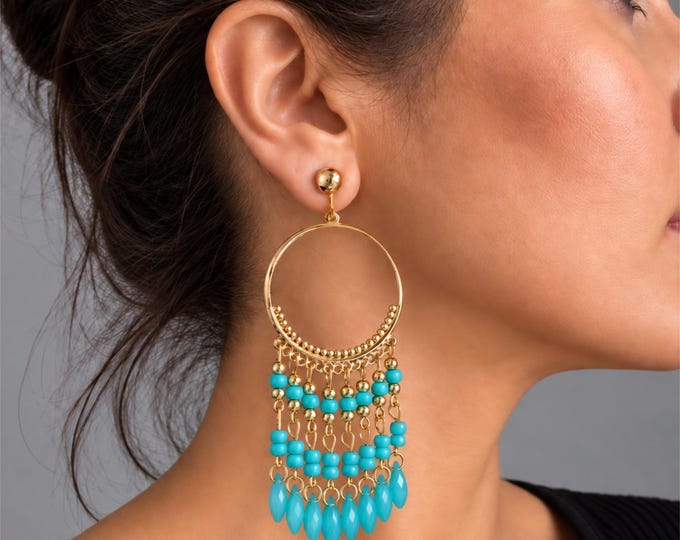 Clip On Turquoise & Gold Tone Chandelier Hoop Earrings – Large Boho Statement Earrings – Non Pierced Earrings – 4" - 10cm