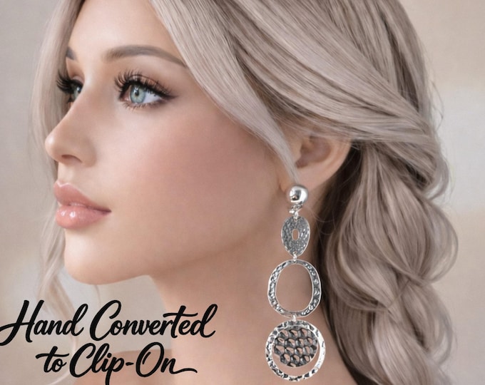 Long Silver Tone Statement Clip On Earrings – 4" Long Geometric Drop Earrings  Non Pierced Ears