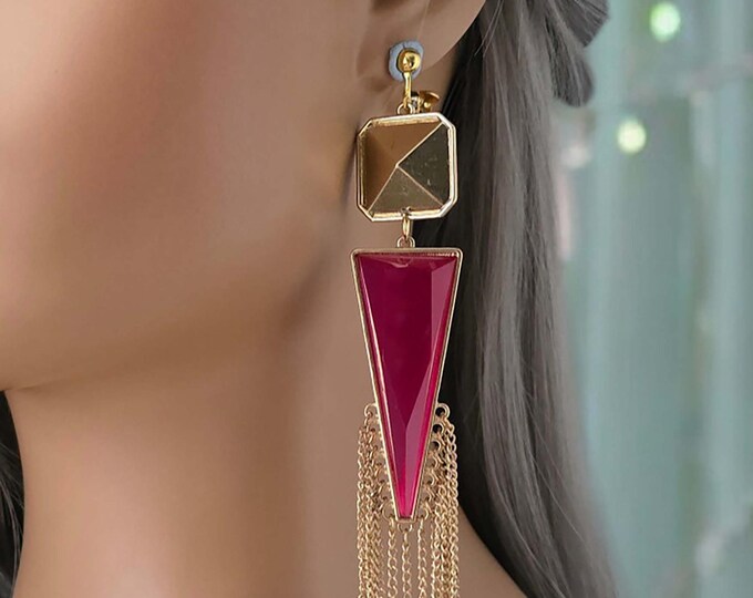 1 pair of Gold tone & pink CLIP ON drop earrings - 7" super long dark - Fuchsia pink chain tassel shoulder duster earrings, non pierced ears