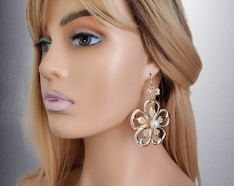 1 pair of 2.75" long gold tone - faux pearl & crystal flower design lightweight clip on drop earrings - Clip on or pierced options