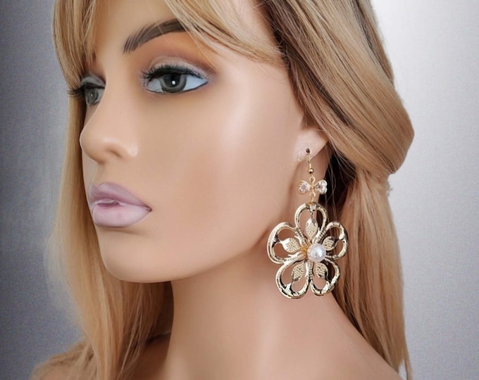 1 pair of 2.75" long gold tone - faux pearl & crystal flower design lightweight clip on drop earrings - Clip on or pierced options