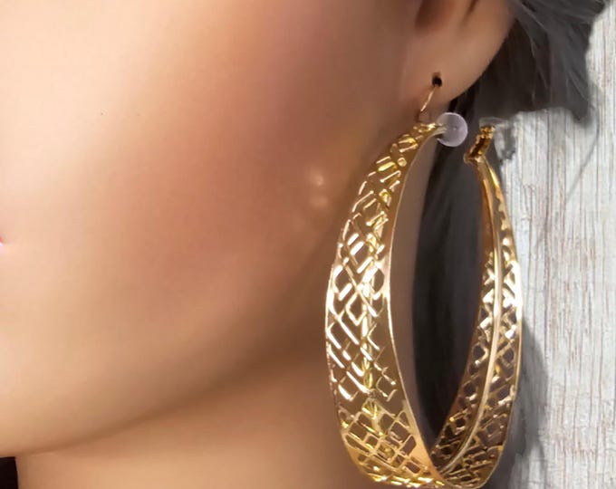 1 pair gold tone CLIP ON hoop earrings - 2.75"  large - wide filigree patterned large clip on or pierced hoop earrings - big clip on hoops