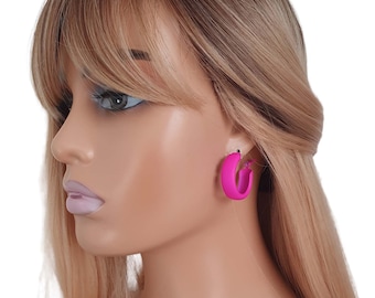 1 pair of chunky wide Hot pink - Fuchsia coloured painted CLIP ON  hoop earrings - 1" diameter - Thick wide square tube - pierced option