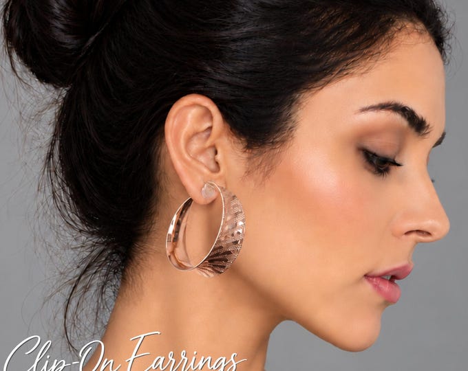 Clip On Hoop Earrings – Wide Textured Rose Gold Tone Hoops – Statement Non Pierced Earrings – 1.75" - 4.5cm