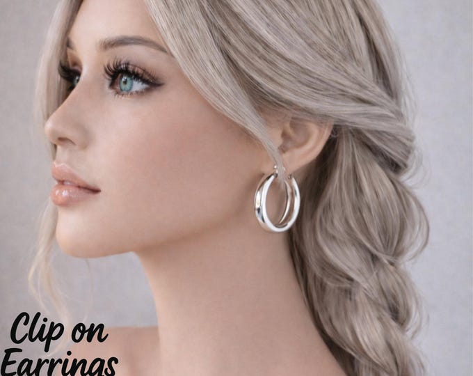 Large Silver Wide Hoop Earrings | 1.5" - Statement Polished Hoops | Lightweight Bold Clip-On  Earrings