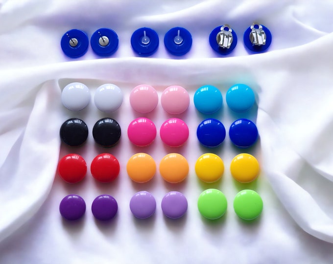 11 pairs of 16 - 18mm bright coloured RETRO plastic button style stud earrings - CLIP ON or pierced options ** Please read listing
