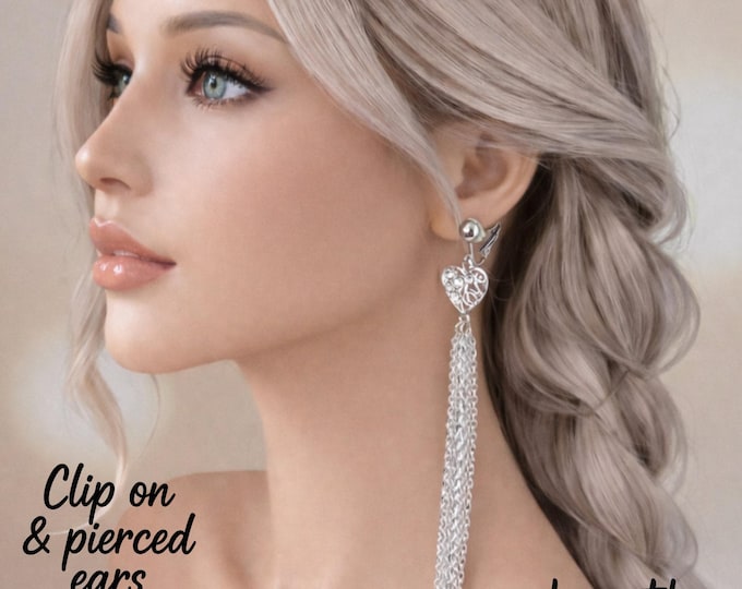 Silver Clip On Heart Tassel Earrings, Long Chain Drop Statement Earrings, Custom Length