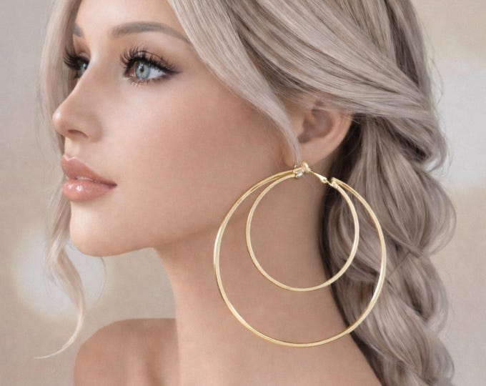 3.5" Gold Tone Double Hoop Clip On Earrings – Large Statement Oversized Hoops