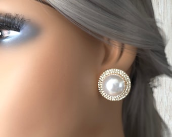 1 pair of 1" faux pearl & diamante - crystal CLIP ON stud earrings in a gold or silver tone setting - clip on non pierced ear clips
