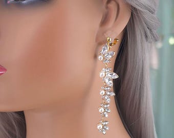 1 pair of CLIP ON drop earrings - 3.5" long gold tone, crystal - diamante & faux pearl bead long drop bridal earrings - non pierced ears