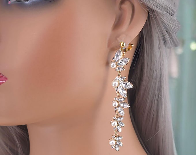 1 pair of CLIP ON drop earrings - 3.5" long gold tone, crystal - diamante & faux pearl bead long drop bridal earrings - non pierced ears