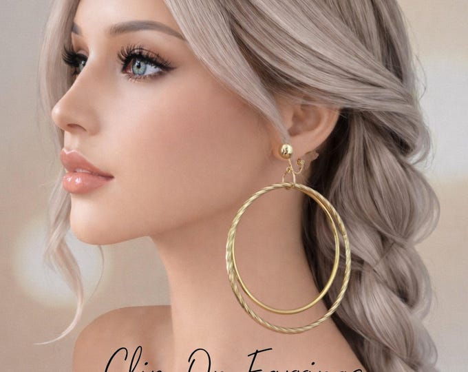 Clip On Hoop Earrings - Double Layer Twisted Drop Hoop Design - Gold or Silver Stainless Steel - 3.5" - 9cm