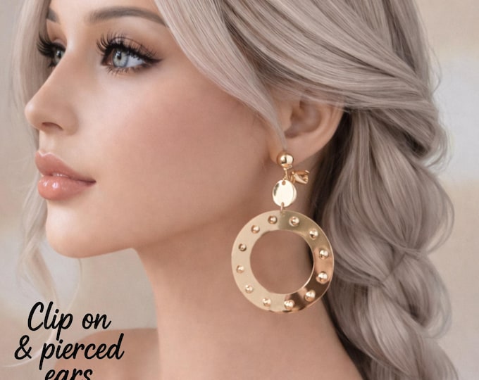 Gold Statement Clip On  Earrings – Large Studded Disc Drop Earrings – Non Pierced Bold Retro