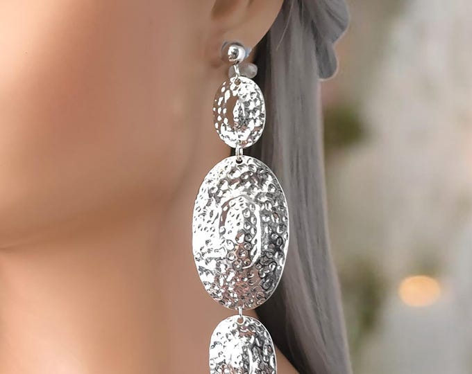 1 pair of silver tone CLIP ON drop earrings - 4.75" long layered patterned drop earrings for non pierced ears - ear clips, Big long earrings