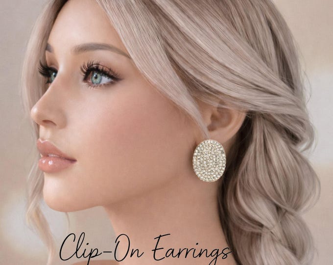 Clip On Earrings - Gold Tone Oval Rhinestone Stud Earrings - Non Pierced - 1.2" - 2.8cm